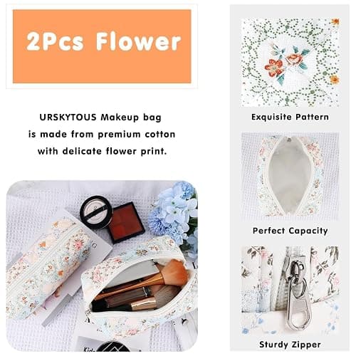 URSKYTOUS 2Pcs Cotton Quilted Makeup Bag for Women Girls Coquette Small Floral Cosmetic Bags Cute Zipper Pencil Pouch Aesthetic Makeup Pouch Trendy Cloth Bee&Flower Travel Toiletry Skincare Bag thumbnail 3