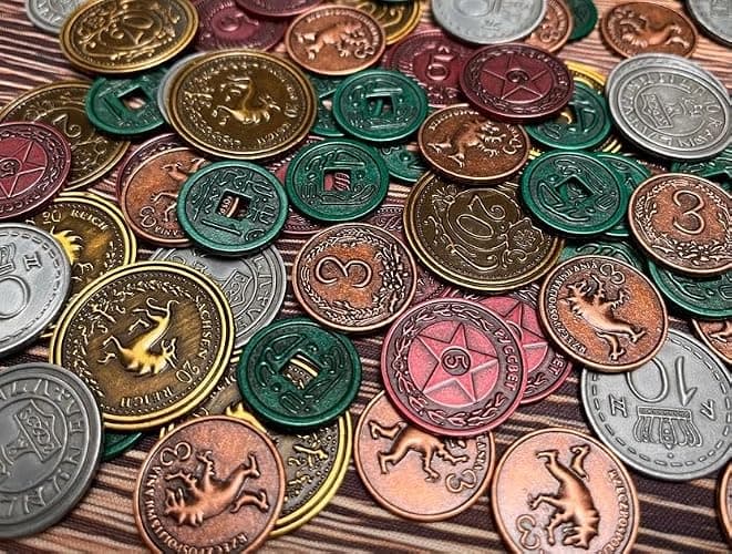 Stonemaier Games: Metal Coins (Scythe and Expeditions) | Metal Coins to Enhance Your Gameplay | 80 Coins with Unique Colors and Sides for Each Denomination - Values Include 1, 3, 5,10, and 20 thumbnail 5
