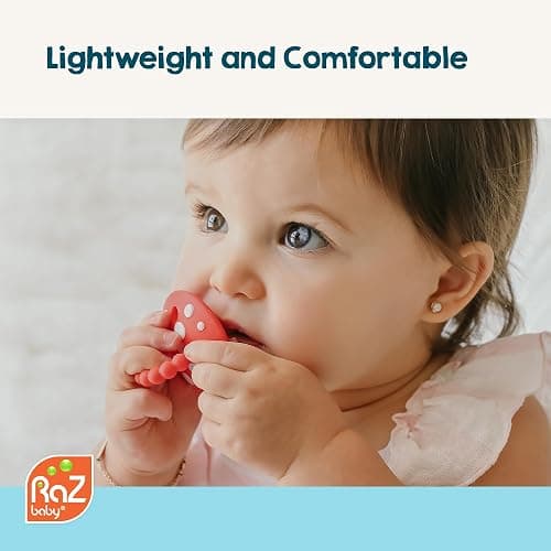 RaZbaby Soft Silicone Infant & Baby 3M+ Teether Toy Massaging Bristles Teething Relief Pacifier - Soothes Sore Gums - Hands-Free & Easy-to-Hold Chompy Teether, BPA Free (RED/Green) thumbnail 4
