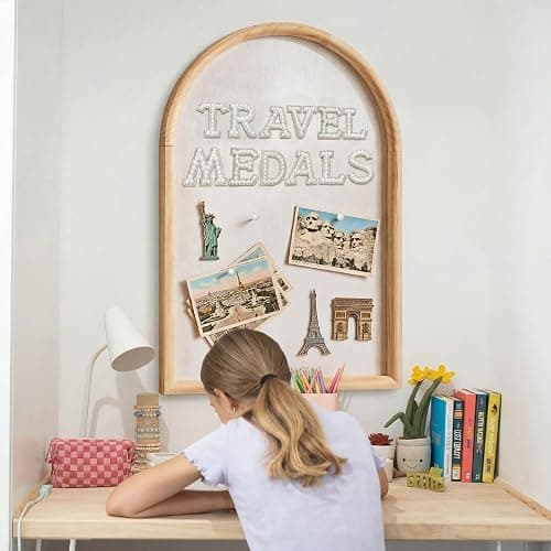 BrightRow Arch Bulletin Board with Pin Linen Wedding Display Framed Decorative 24x16 Hanging Wood Vision Cork Board for Office Wall School Home Decor, 70 Pearl Studs, 26 Letter Stickers(Natural) thumbnail 8