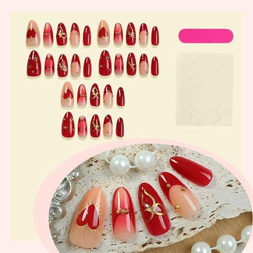 Auroriel 24 Stück Medium Almond Press on Nails Rot mit 3D Gold Schleife Herz Designs French Tip Wiederverwendbare Acrylic Fake Nails Full Cover Glitzersteine für Frauen Neujahr Party thumbnail 4