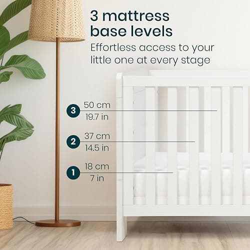 Tutti Bambini Alba 3-in-1 Baby Cot Bed (0-6 years) 140x70 cm - 3 modes: Wooden Baby Crib, Toddler Bed & Day Bed, Convertible Baby Bed, Adjustable Base, (White) thumbnail 4