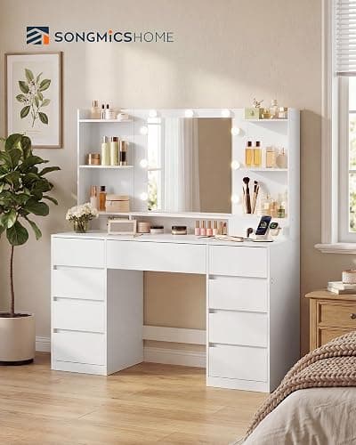 SONGMICS HOME Vanity Desk with Mirror and Lights, Makeup Vanity Table with Power Outlets, 9 Drawers Storage Dressing Table for Bedroom, White thumbnail 2