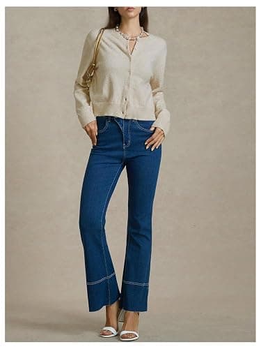 SOLY HUX Women's Button Down Long Sleeve Crewneck Crop Cardigan Sweater Cute Knitwear Clothes - Small - Solid Apricot thumbnail 4