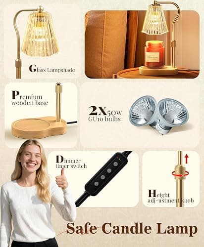 Candle Warmer Lamp, Wax Melt Warmer with 2 Bulbs for Scented Jar Candles, with Timer Dimmer Adjustable Height, Home Decor Gift for Girl Friend Mom Sister Women, No Flame No Smoke Warming Light, Amber thumbnail 6
