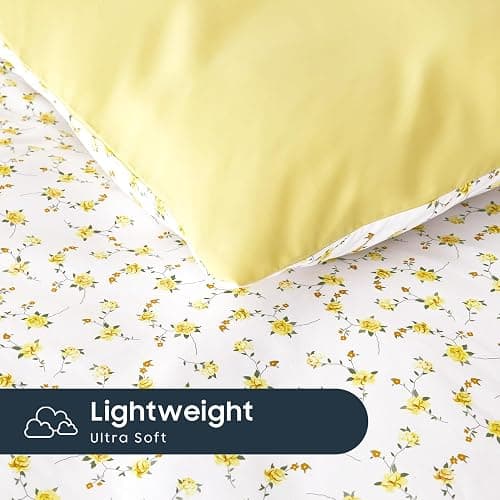 Wake In Cloud - Floral Comforter Set, Coquette Cottagecore Aesthetic Cute Flower Pattern for Women Teen Girls, Soft Lightweight Dorm Bedding, 3 Pieces, Yellow White, Queen Size thumbnail 7