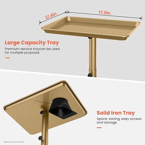 TASALON Premium Salon Tray on Wheels, Aluminum Salon Rolling Tray Trolley for Salon Essentials, Adjustable Height Provides Ample Storage for Hairstylist Tray, Tattoo Tray and Clinic Tray Use - Gloden thumbnail 3