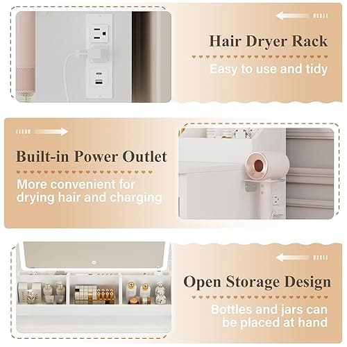 JUMMICO Makeup Vanity Desk with Mirror and Lights, L- Shaped Vanity, Modern Vanity Table with 5 Drawers & Adjustable Shelves, Power Outlet with Fast Charging, for Bedroom (White) thumbnail 6