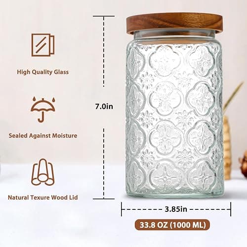 34 OZ/2 PCS Glass Storage Jar with Airtight Bamboo Wooden Lids, Vintage Food Containers Canisters Sets for Kitchen Counter Pantry, Sugar, Flour, Candy, Tea, Coffee Beans, Oats, Grain Bin, Pasta, thumbnail 3