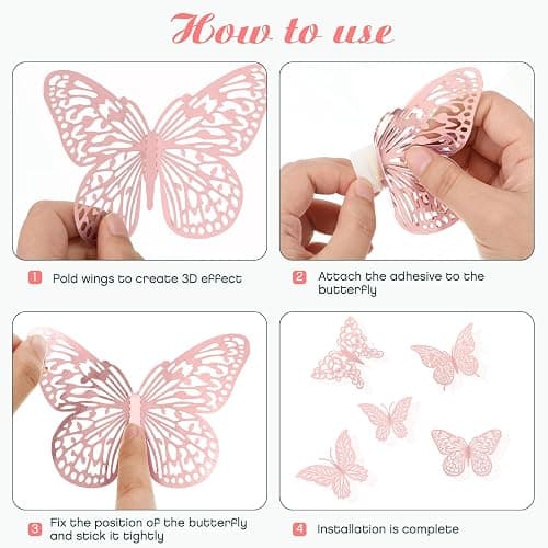 3D Pink Butterfly Wall Decor 3 Sizes 4 Styles Butterfly Party Decorations Cake Decorations Removable Stickers Wall Decor Room Mural Metallic Kids (Pink, 48Pcs) thumbnail 5