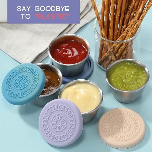 [8 Pack] Salad Dressing Container To Go, 2.4oz Small Condiment Containers with Leakproof Silicone Lids, Reusable Stainless Steel Sauce Cups for Lunch Bento Box, Picnic and Travel thumbnail 2