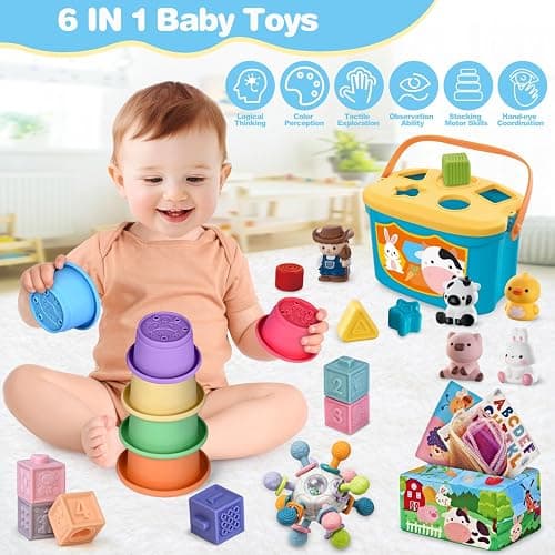 6 In 1 Baby Toys, 6-12 months Baby Toys, 0-6 12-18 Montessori Toddler Gifts For Toddlers, Farm Animals Playset & Teething & Stacking Building Block Cup & Tissue Box & Sensory Bin For Development thumbnail 3