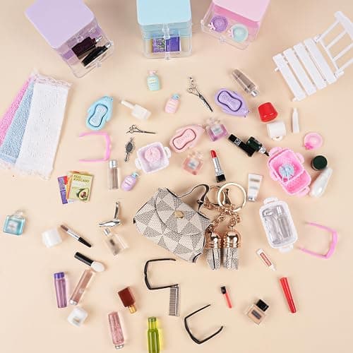 BeadRiver 77 Pcs Miniature Dollhouse Accessories, Dollhouse Bathroom Accessories Set with Storage Cases Cosmetic Set Towel Shampoo Perfume Hair Dryer Comb Mask Soap Toiletries Set for Girl Micro Scene thumbnail 5