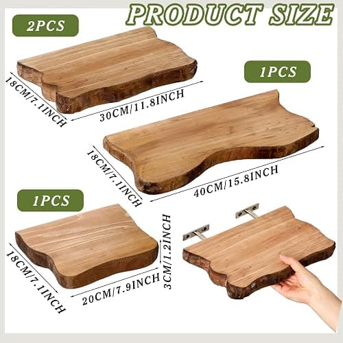 Pinkunn 4 Pcs Floating Shelves for Wall Rustic Wall-Mounted Natural Wooden Shelves Solid Wood with Live Edge Design Bathroom Bedroom Kitchen Storage Living Room Decor Nursery Shelf(4 Pcs,Small) thumbnail 3
