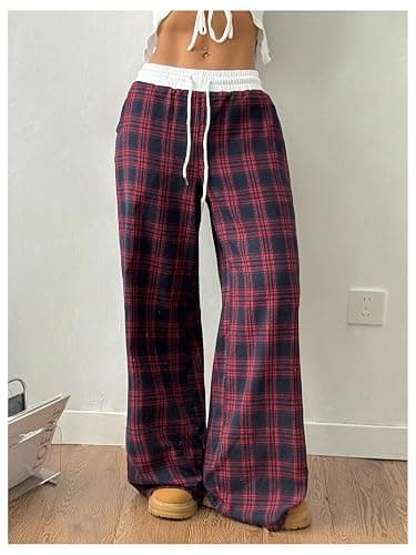 SOLY HUX Women's Plaid Checkered Pants Flannel Pajama Pants Lounge Wide Leg Baggy Sweatpants with Pockets thumbnail 3