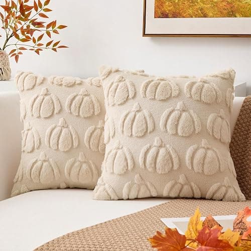 Kevin Textile Pumpkin Fall Throw Pillow Covers 18x18 Inch Set of 2 Luxury Soft Halloween Decorative Lumbar Pillowcases for Harvest Holiday Soft Couch, Beige - Image 1