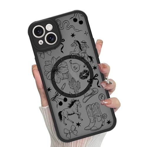 MOWIME Magnetic for iPhone 14 case [Compatible with MagSafe] Cute Western Cowboy Floral Translucent Matte Hard Back Shockproof Anti-Scratch Phone Case-Black - Image 1