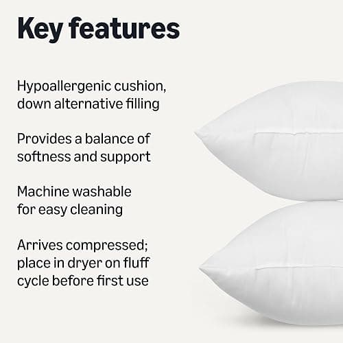 Amazon Basics Square Hypoallergenic Down Alternative Pillow Insert, Machine Washable, Softness and Support, 20 inch, 2-Pack thumbnail 2