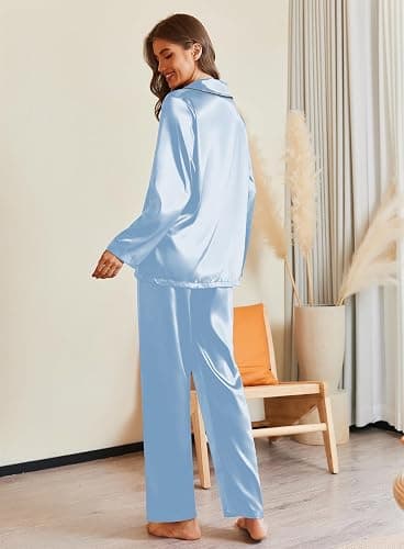 Ekouaer Pajamas For Women Set Silk Pjs 2 Piece Satin Sleepwear Long Sleeve Button Down Lounge Sets With Pant thumbnail 2
