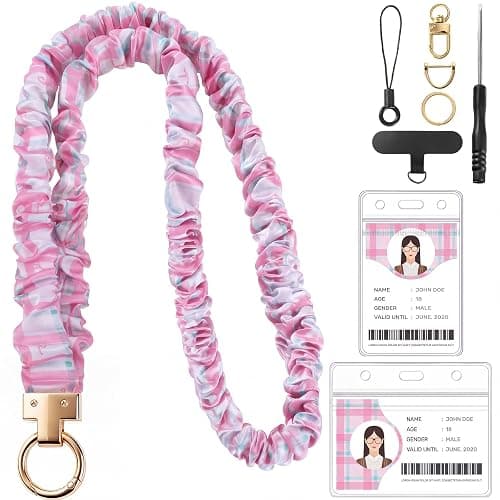 Pink & Green Scrunchie Lanyard for ID Badges Stretchy Teacher Lanyards | Scrunchie Lanyard for Id Badges, Teacher Gifts Lanyards Stretchy Scrunchie Lanyard with Id Holder for Women - Image 1