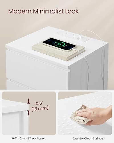 VASAGLE KAILYN Collection - Bedside Table with Power Strip, Side End Table with Drawers, 2 AC Outlets, 2 USB Ports, for Living Room, Bedroom, Study, Cloud White LET631W15 thumbnail 7
