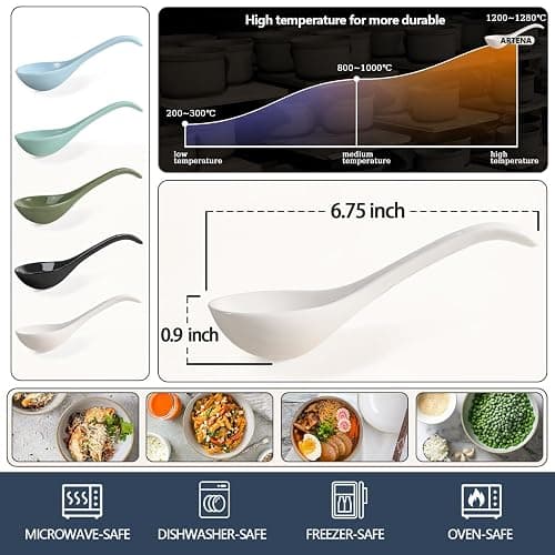 Artena Bright White 6.75 inch Asian Soup Spoons Set of 6, Ultra-fine Porcelain Tablespoon, Chinese/Japanese Kitchen Soup Spoons for Cereal, Ramen Pho - Deep Oval Hook Design - White thumbnail 3