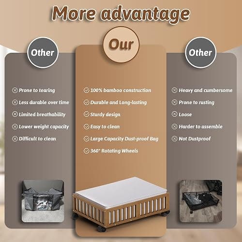 Under Bed Storage Containers with Wheels, 2 Pack Bamboo Under the Bed Shoe Storage Bins, Wood Rolling Underbed Drawers Organizer for Bedroom, Closet Clothes Blanket Comforter Under Crib Toy Walunt thumbnail 4