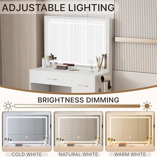 Vanity Desk with LED Mirror, 4 Drawers, and Blow Dryer Rack – White Makeup Vanity with Smart Lighting, Comfortable Stool, and Plug Socket | Vanity Desk with Storage, Makeup Vanity with Drawers thumbnail 3
