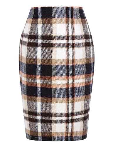 IDEALSANXUN Plaid Skirts for Women Fall Winter Knee Length Pencil Wool Skirt with Slit - Image 1