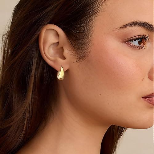 STAYLOVE Small Chunky Gold Hoops Teardrop Huggie Earrings 925 Sterling Silver Post 14k Gold Plated Oval Thick Hoop Earrings for Women thumbnail 3
