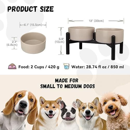 Raised Ceramic Dog Bowl Set - Elevated Double Dishes with Stainless Steel Stand - Food and Water Bowls for Small to Medium Dogs - Each Holds 2 Cups (28.75 fl oz) - Grey thumbnail 2