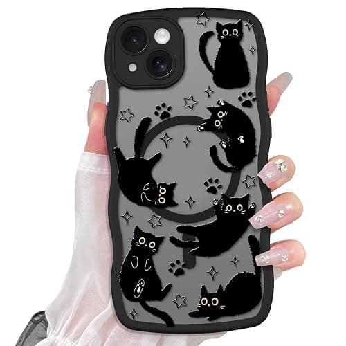 Heaofei Cute Wavy Case for iPhone 14 Case with Black Cats Pattern | Compatible with MagSafe, Cat Print Design for Women Girls, Drop Proof Animal Magnetic Protective Phone Cover - Image 1