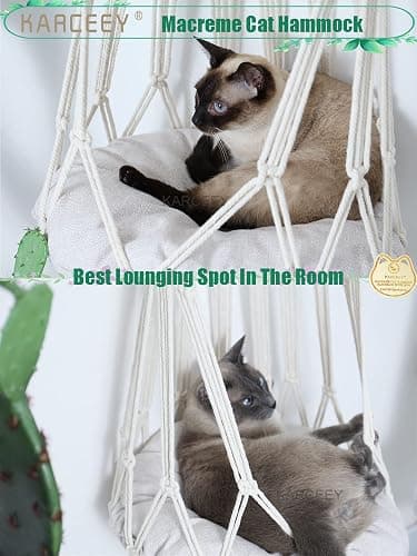KARCEEY Macrame Cat Hammock Hanging Cat Bed with Catnip Cushion and Hanging Kit (1.Macrame Hammock with Bed) thumbnail 6