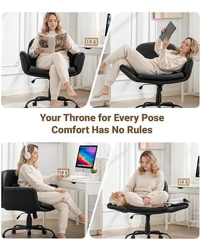 Criss Cross Office Chair, PU Leather Ergonomic Swivel Vanity Chair | 5-Level Adjustable Armrests, 45.3" Wide Breathable Leather Seat, Cross Legged Chair for Bedroom thumbnail 6