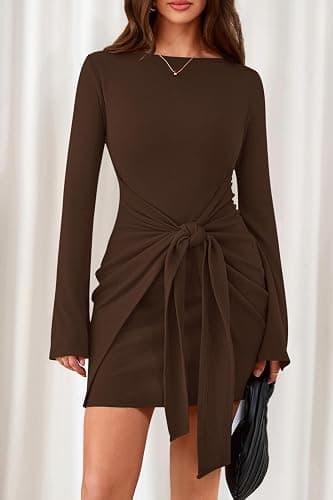 dowerme Women's Casual Mini Dress 2025 Bell Long Sleeve Boat Neck Tie Waist Bodycon Dresses Knitted Party Fall Outfits thumbnail 8