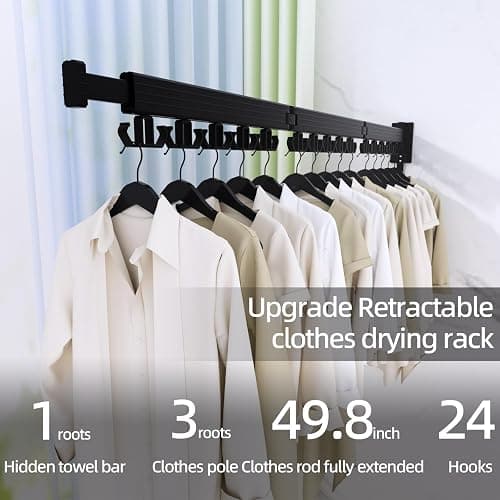 Kelisiting Clothes Drying Rack, Wall Mounted Laundry Drying Rack, Upgrade 3-Fold Foldable Collapsible Retractable Clothing Drying Rack with 12 Dual Hooks Organization for Laundry Room Indoor- Black thumbnail 3