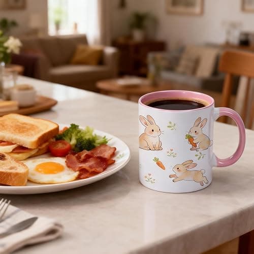 VACNKOCY 11oz Cute Bunny Ceramic Coffee Mug with Pink Handle & Interior – Adorable Rabbit & Carrot Floral Design Tea Cup – Aesthetic Gift Mug for Home, Office, Easter & Spring Décor thumbnail 6
