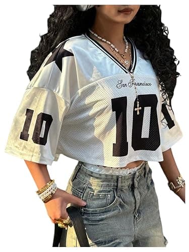 SweatyRocks Women's Number Graphic Jersey Shirts Y2k Crop Jerseys V Neck Oversized Baggy Tops Streetwear thumbnail 3