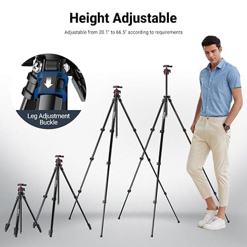 NEEWER Basics 66.5"/169 cm Travel Tripod for Camera, Lightweight Portable DSLR Stand with Ball Head, Arca Type QR Plate, Cell Phone Holder Compatible with iPhone Video Recording, Max Load 11 lb, TP12 thumbnail 7