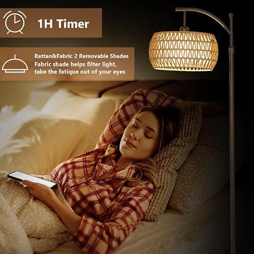 Arc Floor Lamp with Remote Control, Dimmable LED Floor Lamp with 3 Color Temperature, Black Standing Lamp with Rattan & Fabric Double Drum Shade, Boho Farmhouse Tall Pole Lamp for Living Room Bedroom thumbnail 7