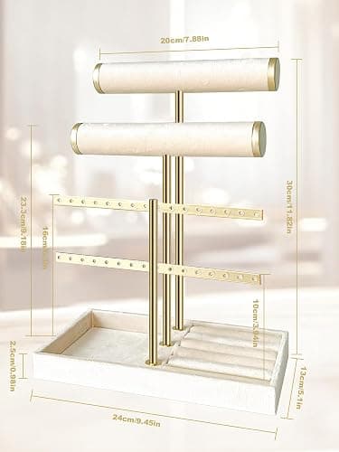 sousac 3 Tier Jewelry Organizer Stand with Detachable Ring Tray, Multi-functional necklace Holder for Bracelet, Earring, Elegant Closet Decor Gift for Women (White) thumbnail 3