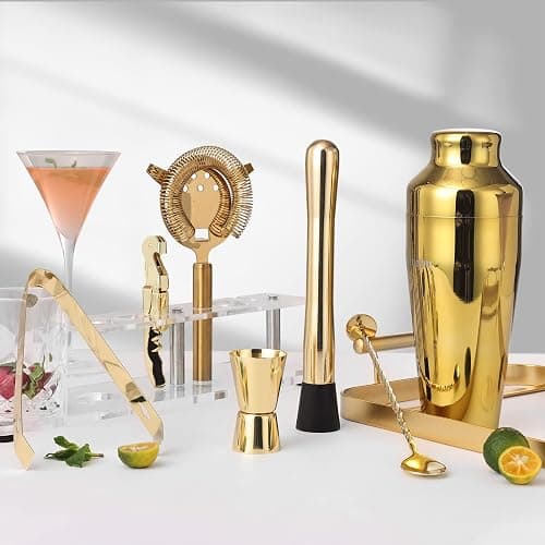 Btuqbu Cocktail Shaker Set with Arcylic Stand, Mixology Bartender Kit for Drink Mixing | Mixology Set with 7 Bar Set Tools Cocktail Kit (Gold) - GOLD - Plastic thumbnail 4