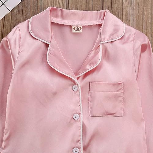 Toddler Baby Kids Satin Pajamas Set, Long Sleeve Button-Down Sleepwear PJs for Girls thumbnail 5