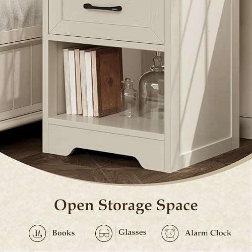 AODK Farmhouse Nightstand Set of 2, Drawer and Open Shelf, Rustic White | Compact Bedside Tables, Drawer Storage, Rustic White Finish for Bedrooms, Dorms, Apartments and Guest Rooms thumbnail 6