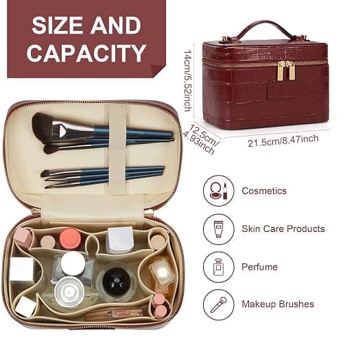 HiTotes Makeup Bag Vanity Case for Women Leather Vanity Bag Travel Toiletry Bags Makeup Organizer with Removable Divider for Daily Use thumbnail 6