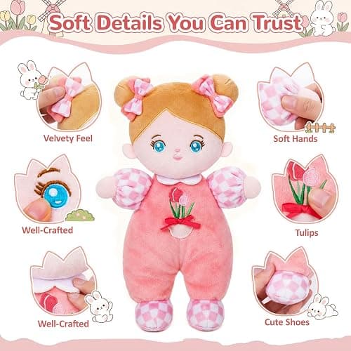 OUOZZZ Soft Plush Baby Doll 10" Tulip Pink Snuggle Buddy | First Birthday Toys for 1 Year Old Girl, Ideal 1 Year Old Girl Gifts & Baby Girl Gifts, Cuddly Toy for Infants & Toddlers thumbnail 3