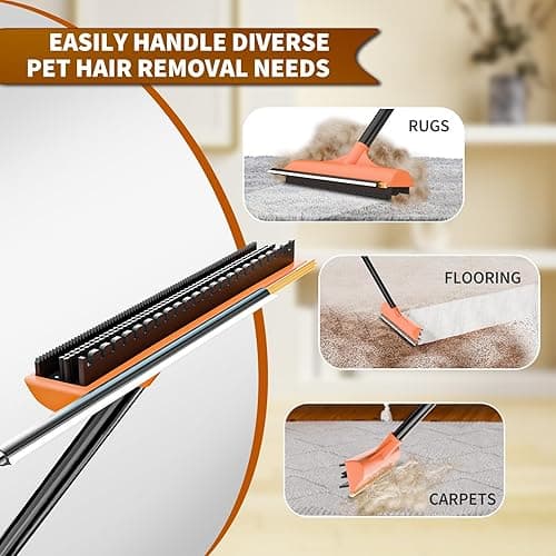 3 in 1 Carpet rake Kit for Pet Hair Removal Tool - Reusable Pet Hair Remover broom w 58"Adjustable Long Handle, Dog & Cat Carpet Scraper, Pet Hair Remover for Rugs, Mats, Couch, Curtains(Orange) thumbnail 6