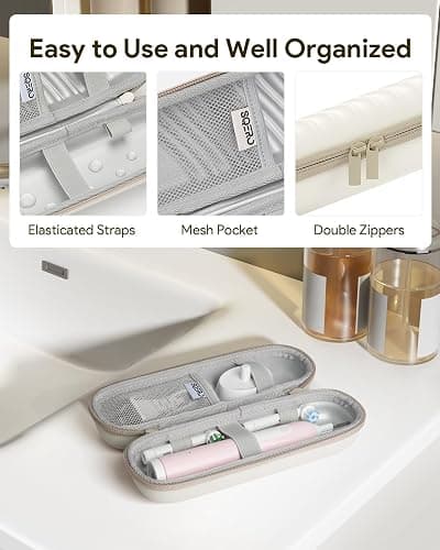 Electric Toothbrush Travel Case for Oral B/Oral-B Pro/Phlips Sonicare, Waterproof Portable Toothbrush Protective Storage Bag with Mesh Pocket & 2pcs Toothbrush Head Covers Protection (Beige) thumbnail 4