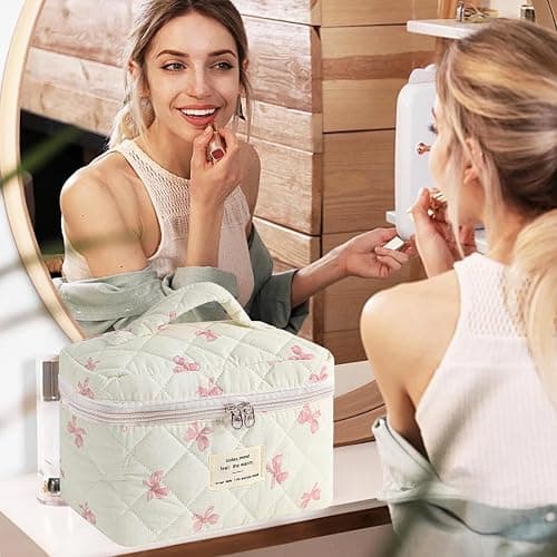 AMULOKRU Quilted Makeup Bag, Large Makeup Bag, Cute Cosmetic Bag for Women Girls, Floral Coquette Aesthetic Travel Toiletry Make Up Organizer Bag-White Bow thumbnail 2