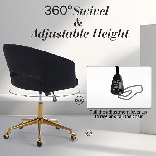 HENGJIANYI Home Office Swivel Desk Chair, Modern Velvet Vanity Chair, Height Adjustable Armchair with Gold Base, Ergonomic Office Chair for Task Study Computer Room, Black thumbnail 7